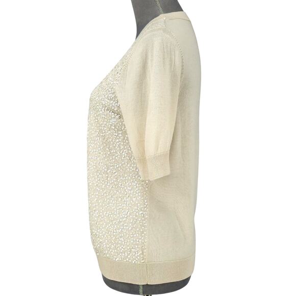 Talbots Sweater Petites MP PM Ivory Cardigan Sequins Buttons V neck Neutral - Picture 11 of 12